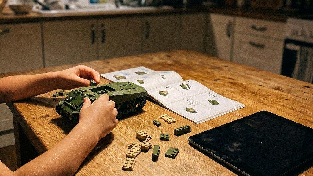 A child builds a tank at the kitchen table, the iPad turned off beside him