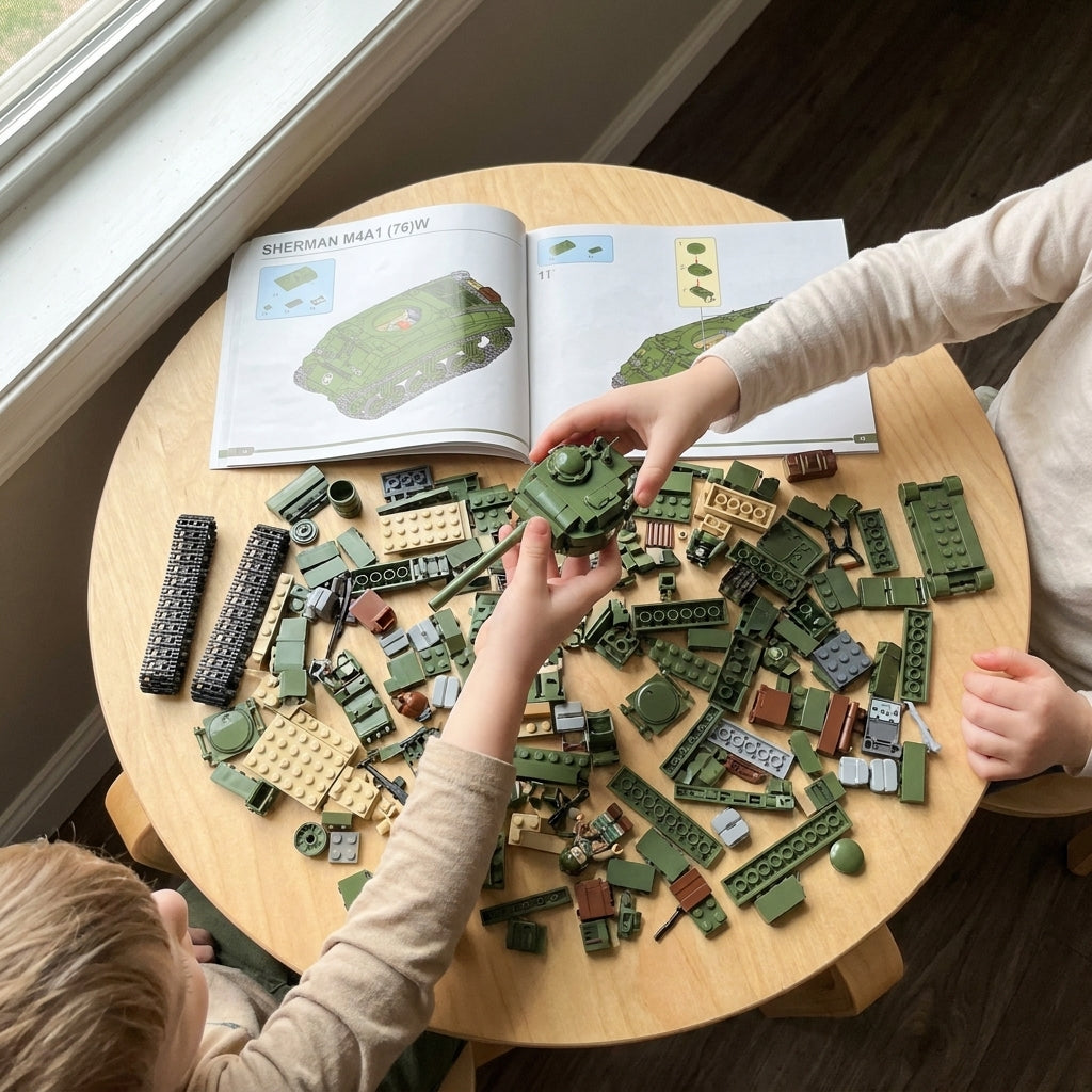 A parent hands a child a piece while they build a tank together at the table