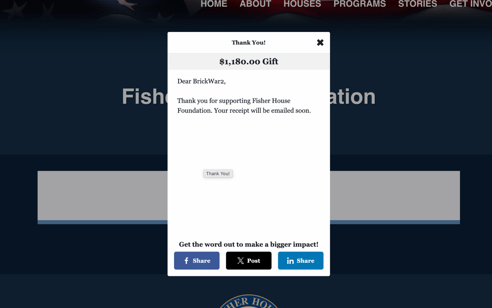 Receipt for a donation to a US veterans charity