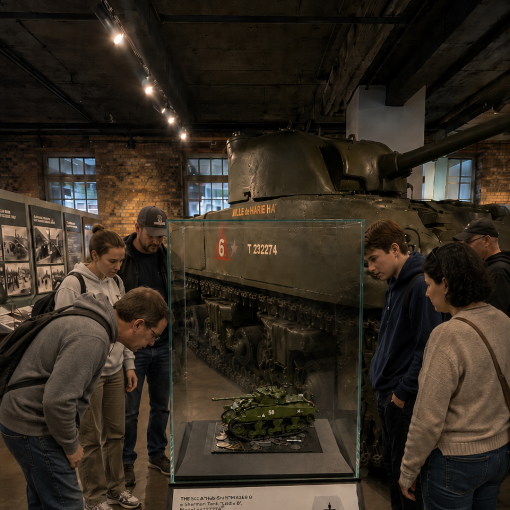 Museum visitors gathered around the brick Sherman in its display case, in front of the real tank