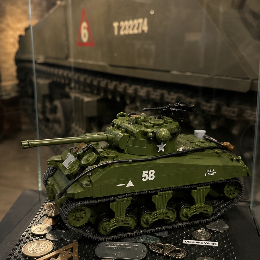 The brick-built M4A3 Sherman on display in a museum case in front of a real Sherman tank