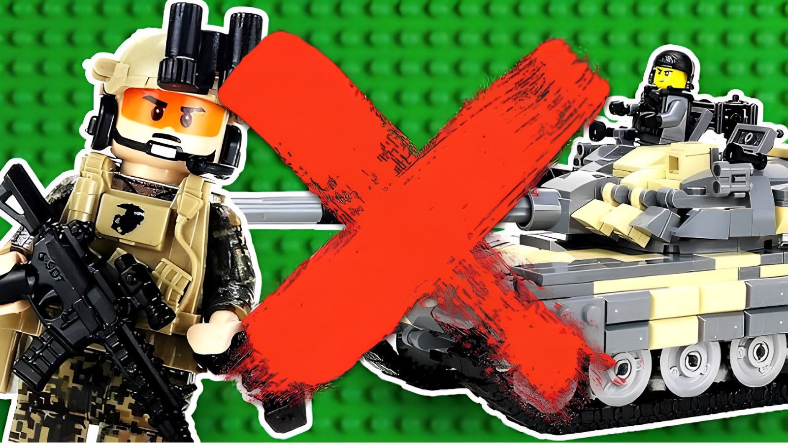 Military LEGO minifig and tank crossed out with a red X