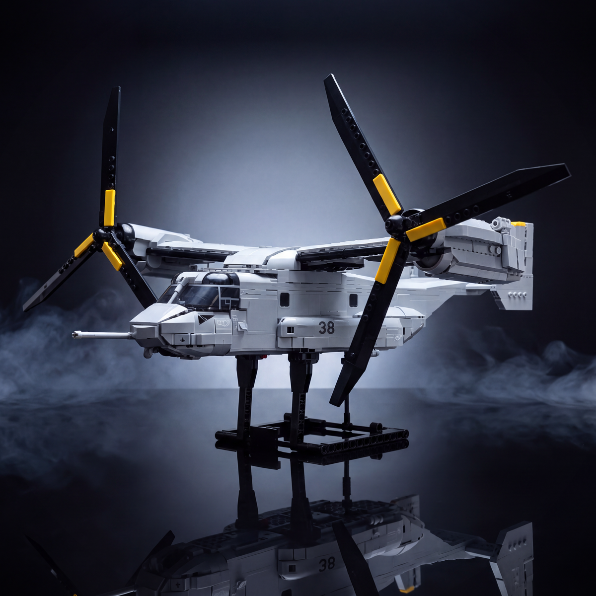 V-22 Osprey brick model under a studio spotlight