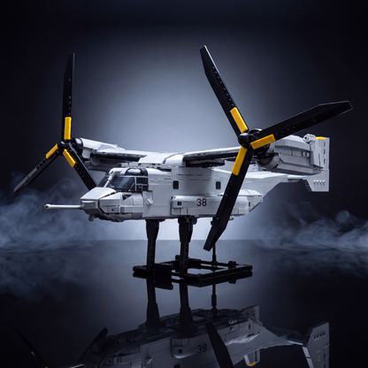 V-22 Osprey brick model under a studio spotlight